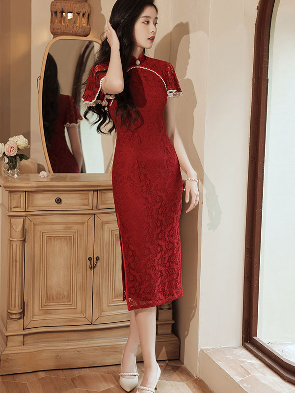 Pearls Embellished Lace Qi Pao Cheongsam Dress with Flutter Sleeve