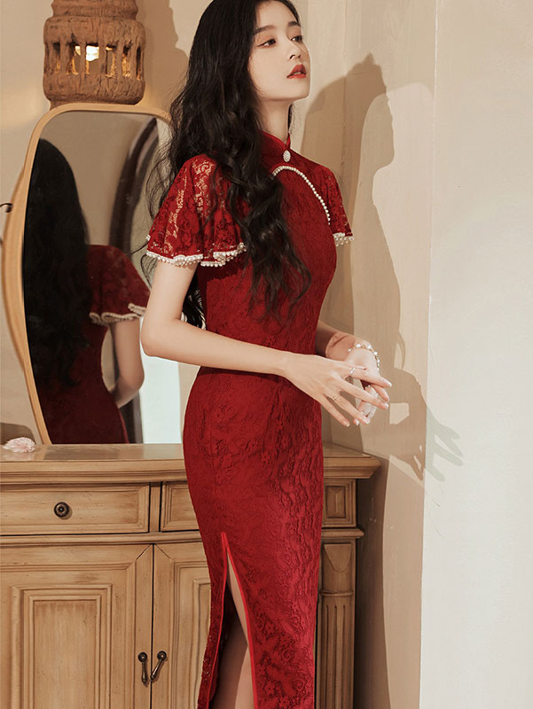 Pearls Embellished Lace Qi Pao Cheongsam Dress with Flutter Sleeve
