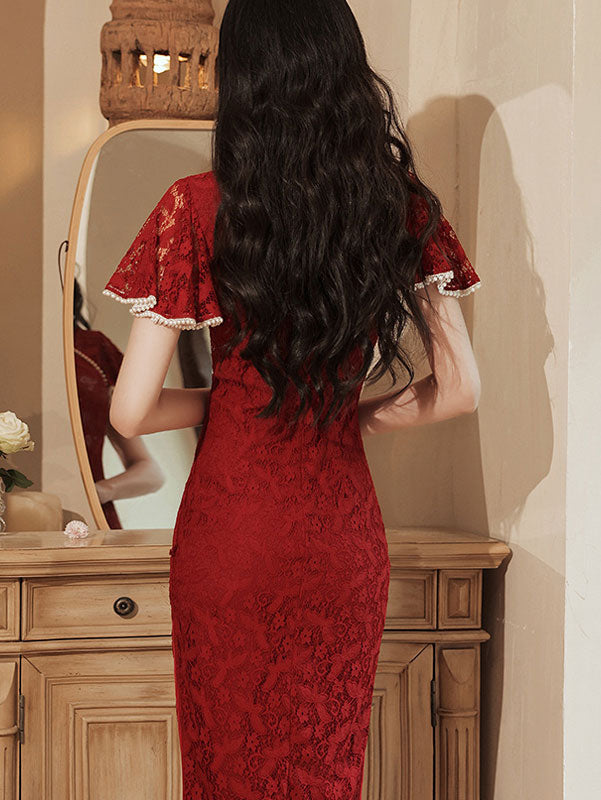 Pearls Embellished Lace Qi Pao Cheongsam Dress with Flutter Sleeve