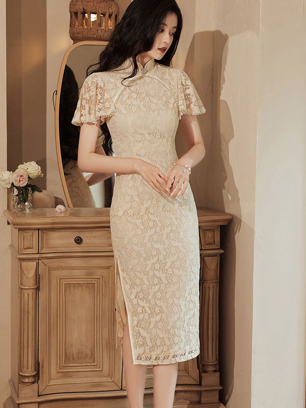 Pearls Embellished Lace Qi Pao Cheongsam Dress with Flutter Sleeve
