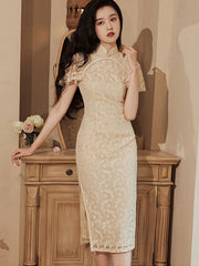 Pearls Embellished Lace Qi Pao Cheongsam Dress with Flutter Sleeve