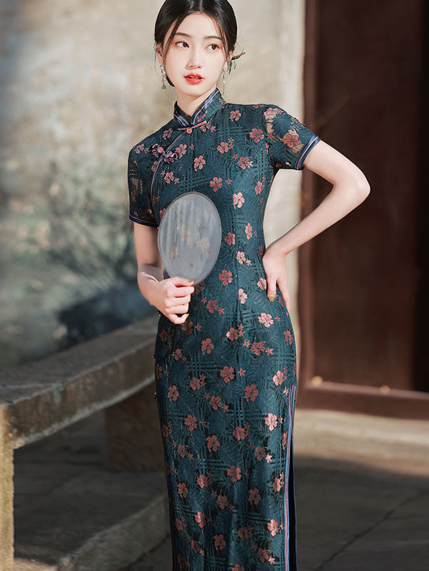 2022 Blue Floral Lace Maxi Cheongsam Qi Pao Dress