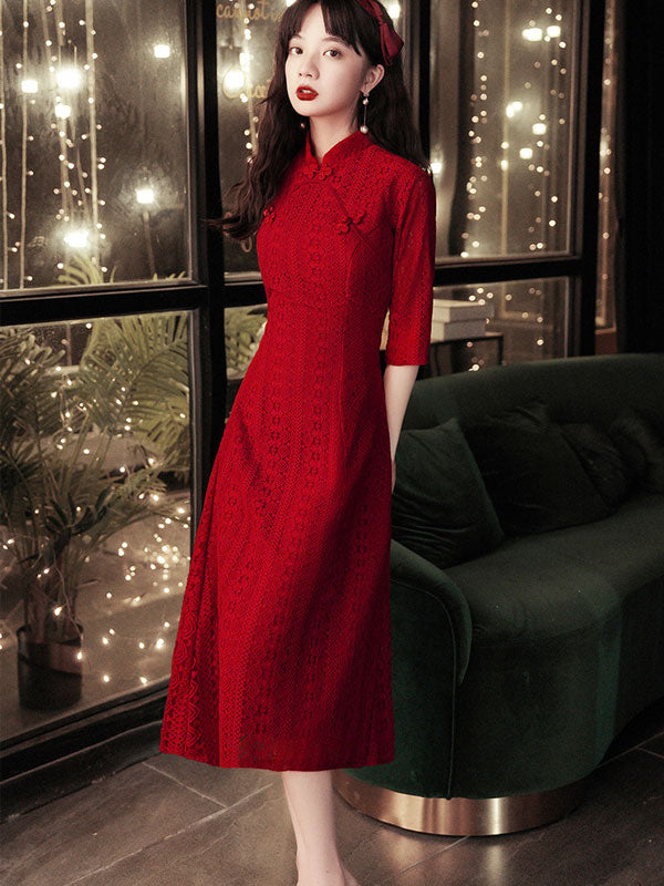 Burgundy Lace A-Line Qi Pao Cheongsam Wedding Dress