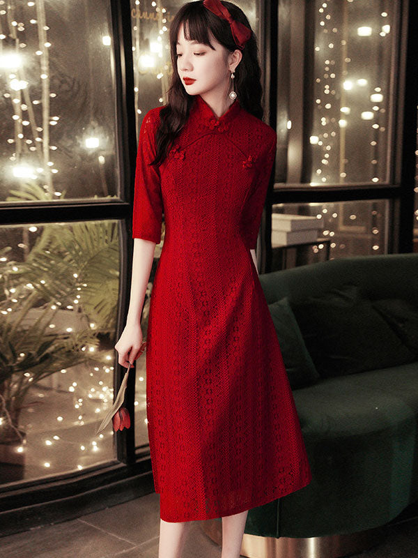 Burgundy Lace A-Line Qi Pao Cheongsam Wedding Dress