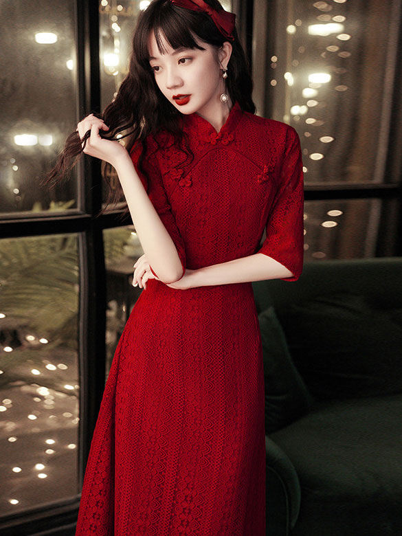 Burgundy Lace A-Line Qi Pao Cheongsam Wedding Dress