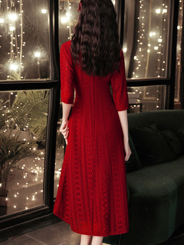 Burgundy Lace A-Line Qi Pao Cheongsam Wedding Dress