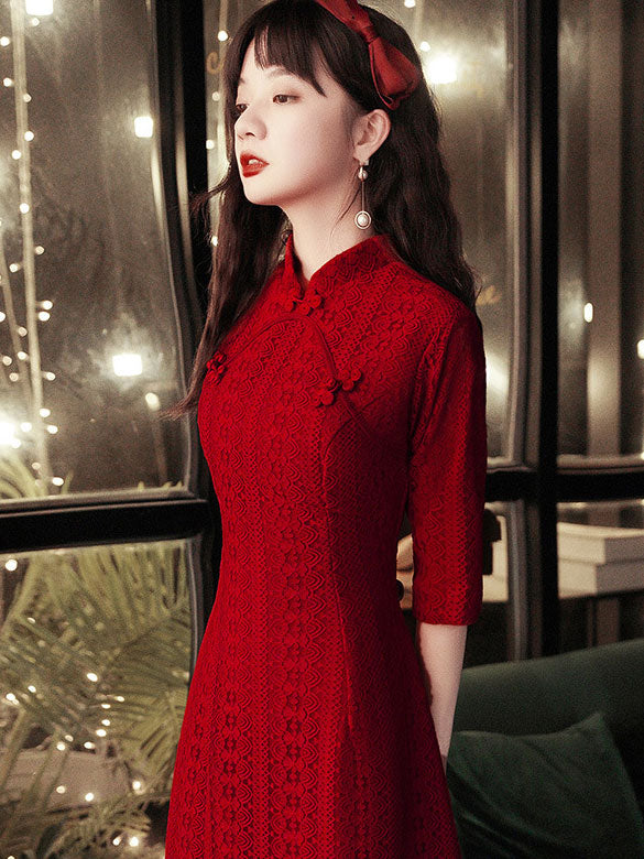 Burgundy Lace A-Line Qi Pao Cheongsam Wedding Dress