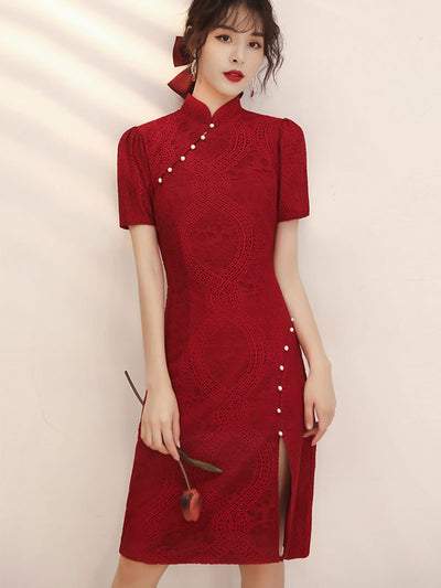 Wine Red Lace Cheongsam Qi Pao Wedding Dress
