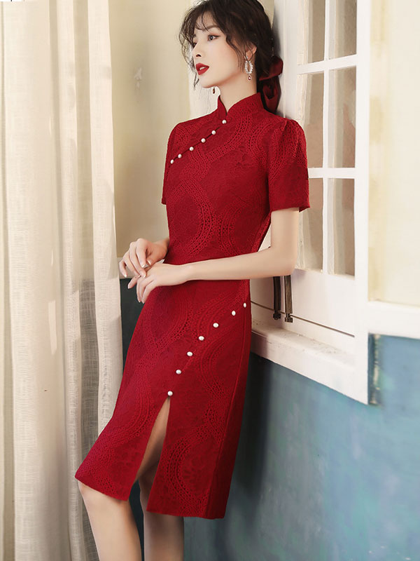 Wine Red Lace Cheongsam Qi Pao Wedding Dress