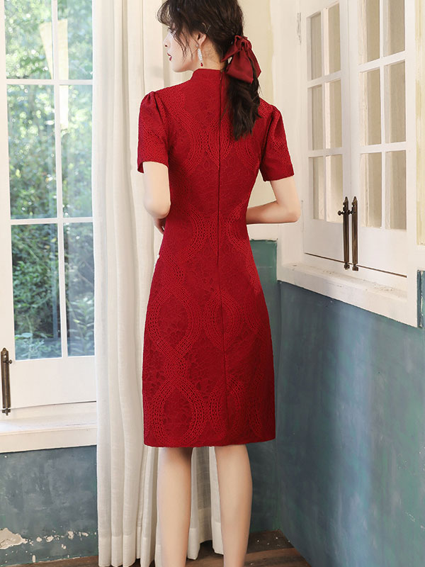 Wine Red Lace Cheongsam Qi Pao Wedding Dress