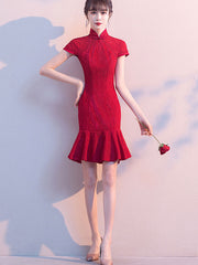 Wine Red Lace Qi Pao Cheongsam Wedding Dress with Frill Hem