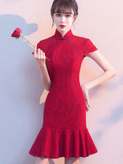 Wine Red Lace Qi Pao Cheongsam Wedding Dress with Frill Hem