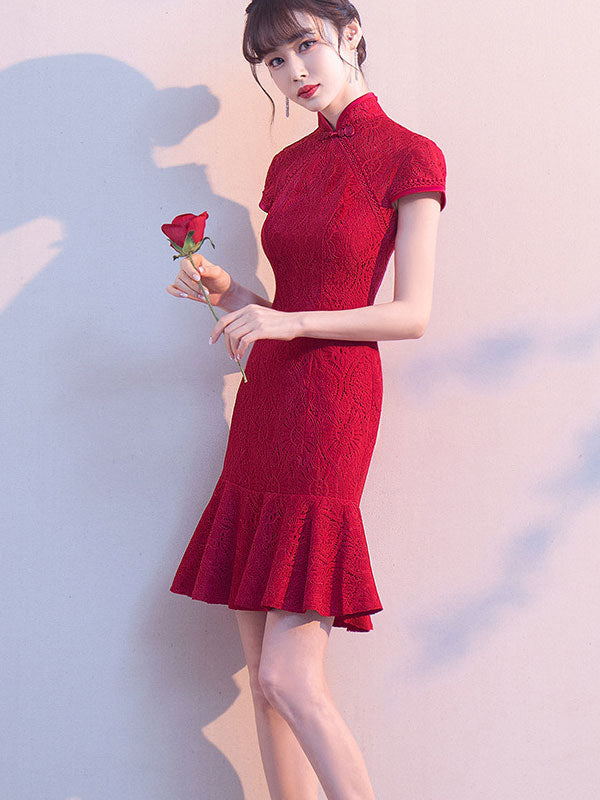 Wine Red Lace Qi Pao Cheongsam Wedding Dress with Frill Hem