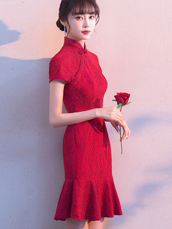 Wine Red Lace Qi Pao Cheongsam Wedding Dress with Frill Hem