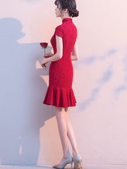Wine Red Lace Qi Pao Cheongsam Wedding Dress with Frill Hem