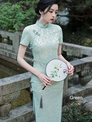 Pink Green Beige Lace Maxi Qipao / Cheongsam Dress