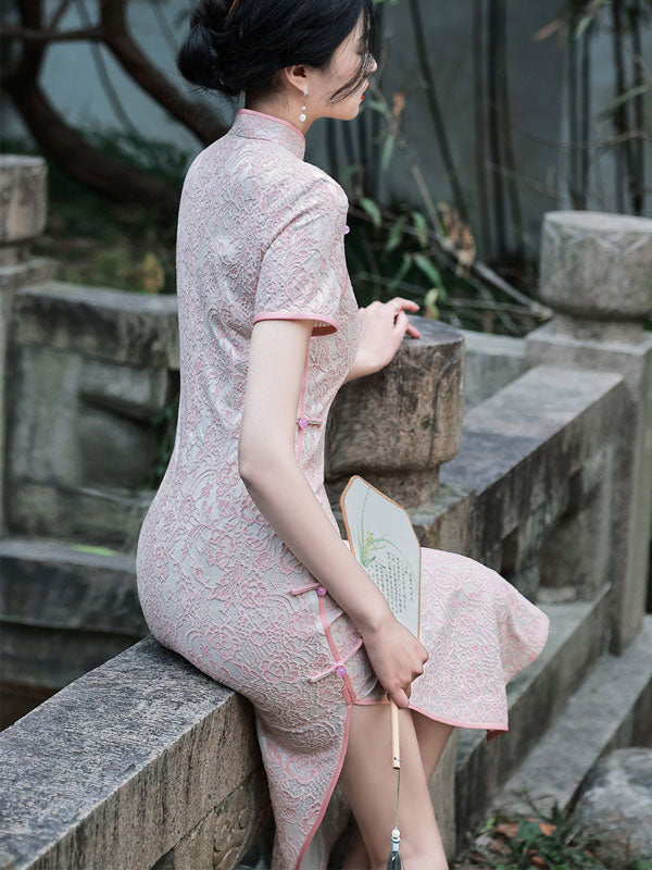 Pink Green Beige Lace Maxi Qipao / Cheongsam Dress
