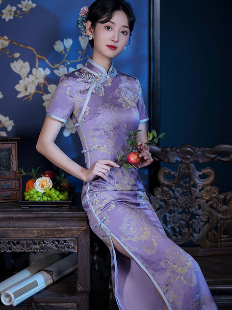 3COLOUR★Cheongsam Jacquard Dress 324 Pink Jacquard A-line Qipao / Cheongsam Dress - CozyLadyWear
