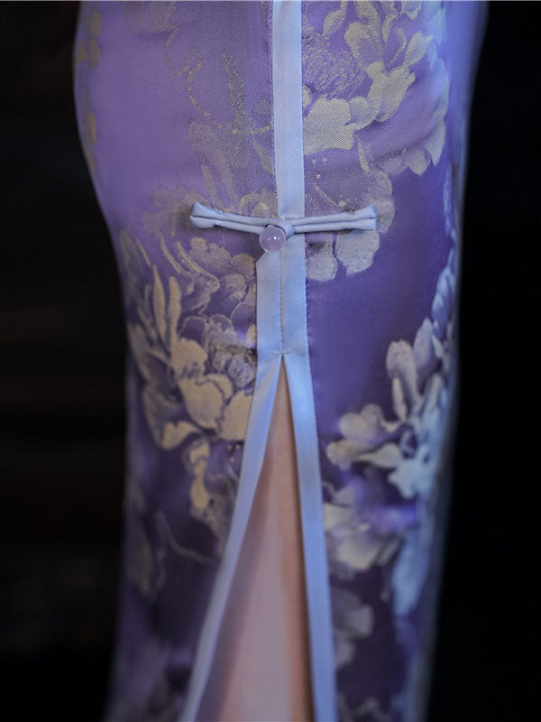 2022 Purple Jacquard Maxi Cheongsam Qi Pao Dress