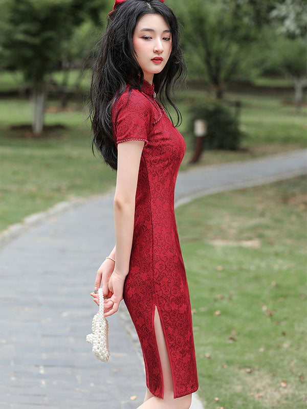 Red White Beaded Lace Midi Cheongsam Qi Pao Dress