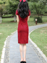 Red White Beaded Lace Midi Cheongsam Qi Pao Dress