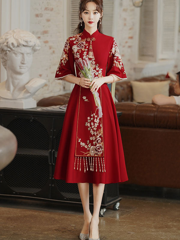 Embroidered A-Line Midi Qi Pao Cheongsam Wedding Dress