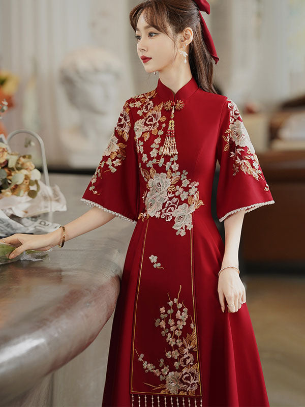 Embroidered A-Line Midi Qi Pao Cheongsam Wedding Dress