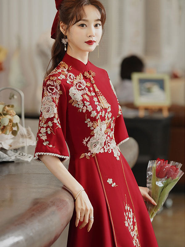 Embroidered A-Line Midi Qi Pao Cheongsam Wedding Dress