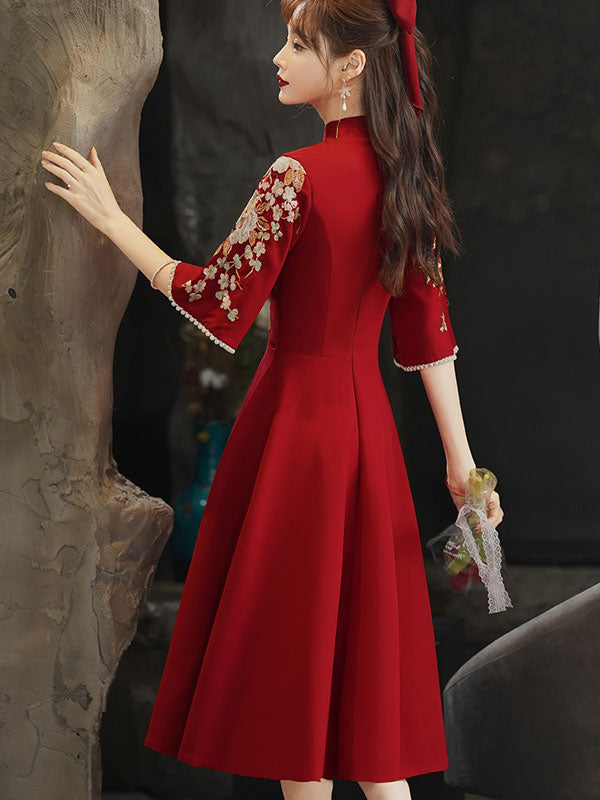 Embroidered A-Line Midi Qi Pao Cheongsam Wedding Dress