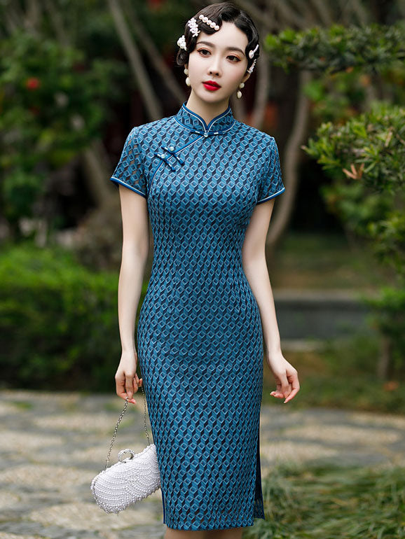 2022 Blue Lace Midi Modern Cheongsam Qi Pao Dress