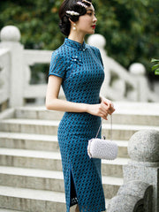 2022 Blue Lace Midi Modern Cheongsam Qi Pao Dress