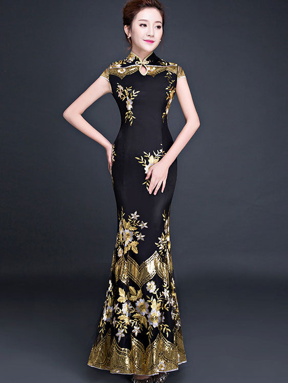 Black Embroidered Fishtail Cheongsam Qi Pao Dress