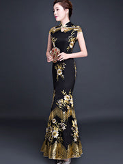 Black Embroidered Fishtail Cheongsam Qi Pao Dress