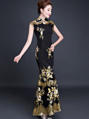 Black Embroidered Fishtail Cheongsam Qi Pao Dress