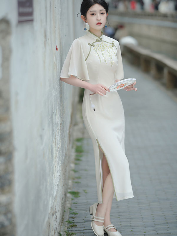 2022 White Chiffon Bell Sleeve Cheongsam Qi Pao Dress