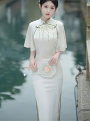 2022 White Chiffon Bell Sleeve Cheongsam Qi Pao Dress