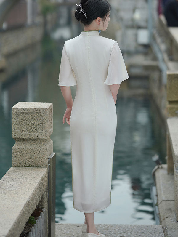 2022 White Chiffon Bell Sleeve Cheongsam Qi Pao Dress
