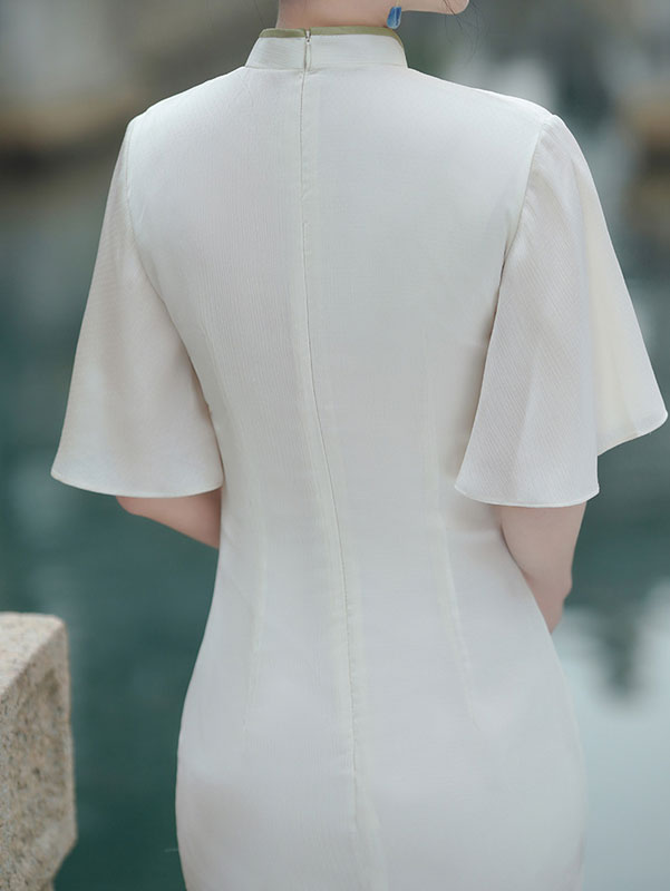 2022 White Chiffon Bell Sleeve Cheongsam Qi Pao Dress