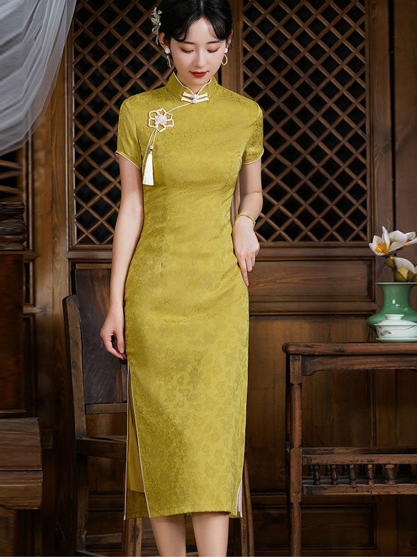 Yellow Jacquard Floral Midi Qi Pao Cheongsam Dress