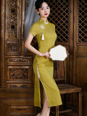 2022 Summer Yellow Jacquard Tea Qi Pao Cheongsam Dress