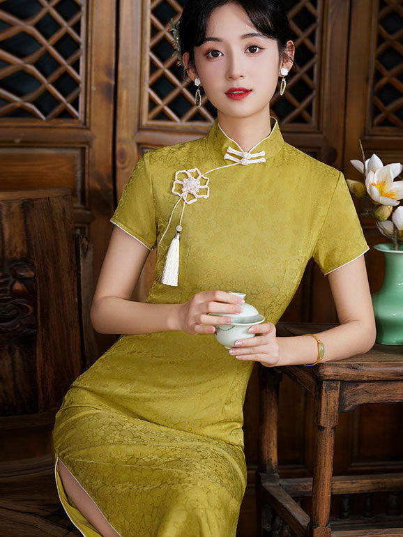 Yellow Jacquard Floral Midi Qi Pao Cheongsam Dress