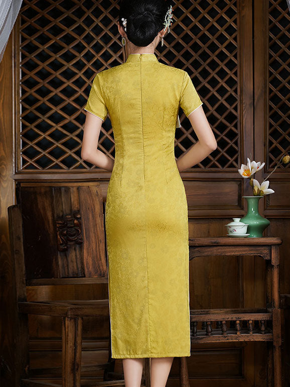 Yellow Jacquard Floral Midi Qi Pao Cheongsam Dress