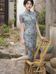 2022 Gray Floral Lace Midi Cheongsam Qi Pao Dress