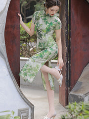 Green Floral Summer Linen Tea Cheongsam Qi Pao Dress