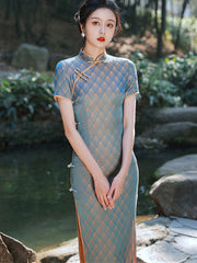 Blue Jacquard Tea-Length Cheongsam Qi Pao Dress