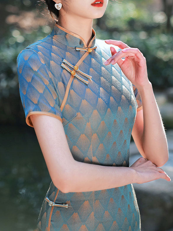 Blue Jacquard Tea-Length Cheongsam Qi Pao Dress