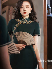 2022 Embroidered Green Blue Midi Cheongsam Qi Pao Dress