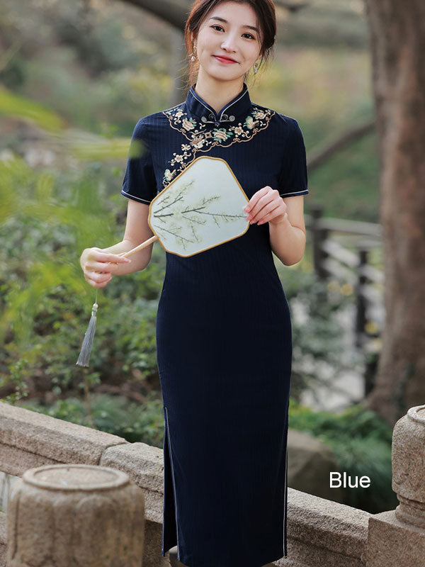 2022 Embroidered Green Blue Midi Cheongsam Qi Pao Dress