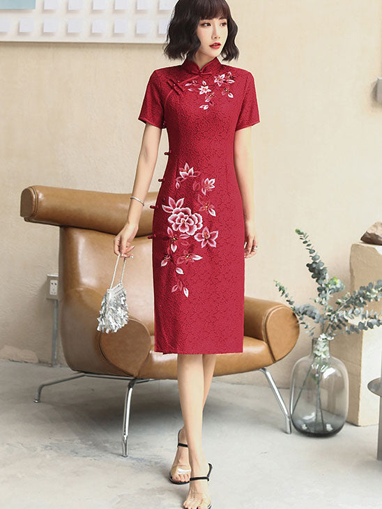 Embroidered Red Lace Midi Modern Cheongsam Qi Pao Dress