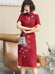 Embroidered Red Lace Midi Modern Cheongsam Qi Pao Dress